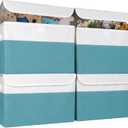 Large 22 Quart Linen Fabric Foldable Storage Bin Cube Organizer Basket with Flip-Top Lid & Handles, Clothes Blanket Box for Home, Office, Closet, Teal & White, 4 Pack 14.6 x 9.5 x 9.5