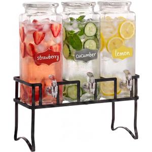 Circleware Glass Beverage Dispenser Triple Chalkboard w/Stand, 3 Set 80 Oz