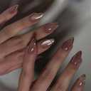 Gold Press on Nails Medium Almond Cat Eyes Fake Nails with 3D Curve Line Designs False Nails Summer Fingernails Gold French Tip Nails Glossy Full Cover Stick on Nails for Women French Manicure Kit