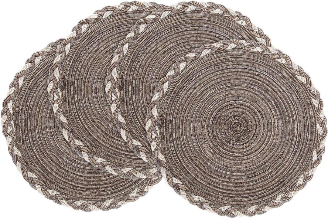 SHACOS Round Placemats Set of 4 Braided Glitter Round Table Placemats 15 inch for Wedding Holiday Party (Multicolor-Light Coffee, 4)