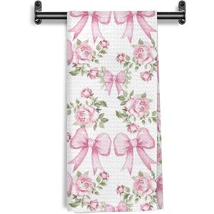 Coquette Pink Bow Floral Kitchen Towels, Preppy Pink Floral Hand Towels for Bathroom Kitchen Decorative, Shabby Chic Cottagecore Flower Dish Tea Towels Drying Cloth, 16x24 Inch
