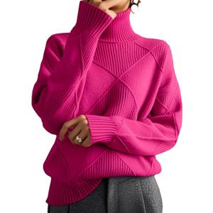 Womens Turtleneck Oversized Cable Knit Sweaters 2025 Fall Winter Trendy Work Casual Pullover Cozy Warm Long Sleeve Knit Tops (Medium, Hot Pink)
