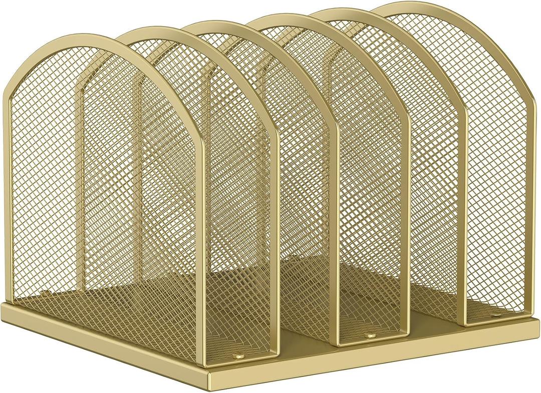 Gawerk 5-Section Vertical Desktop Organizer, 5-Section Mesh File Folder Stand Sorter for Office Home Classroom Organization (1, Gold)
