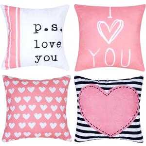 Love Heart Valentine Pillows Stripes Love Cushion Covers Valentines Day Pillow Covers 18x18 for Wedding Anniversary Sofa Home Decorations Set of 4Pink