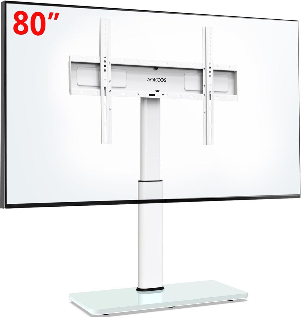 Universal Swivel TV Stand Table Top TV Mount Stand for 43 to 75 80 inch TVs, 8 Level Height Adjustable with Tilting, Heavy Duty Tempered Glass Base, Holds up 132lbs, MAX VESA 400x600mm, White