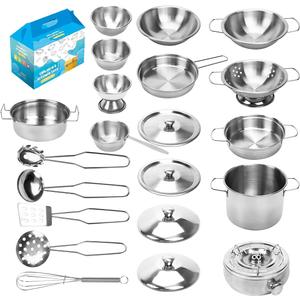 Kids Kitchen Pretend Play Toys, Cooking Toys Play Pots and Pans Set for Kids, 21pcs Small Stainless Steel Kitchen Cookware Kits Toys, Cookware Playset for Girls, Boys