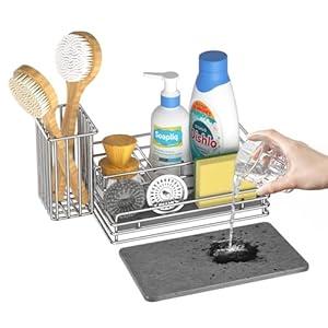 Yofidra Kitchen Sink Caddy with Instant Drying Stone, Metal Stainless Steel Dish Sponge Holder Basket for Sponges, Scrubbers, Soap, 9.5" X 5.5" X 5.7" Sink Box Organizer