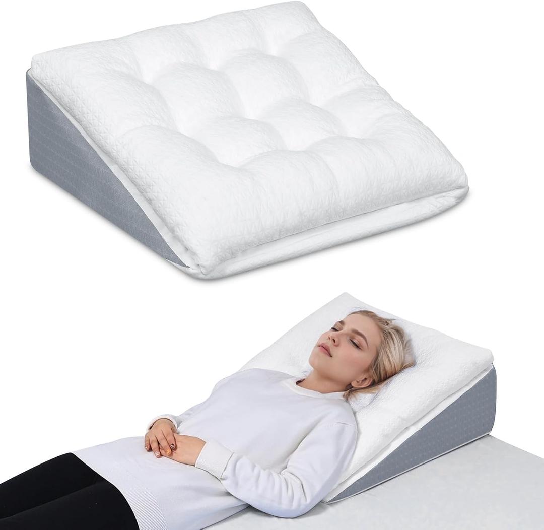 Bed Wedge Pillow for Sleep Apnea 10 Inch Gerd Pillow Patent Dual Layer Triangle Pillow Adjustable Shredded Memory Foam Topper Soft Support Ideal for Acid Reflux, After Surgery, Snoring