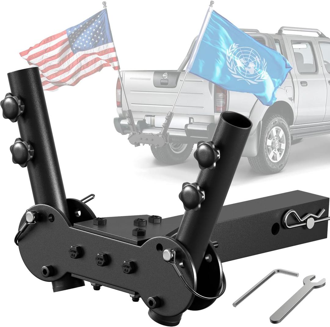 Adjustable Angle Double Hitch Mount Flagpole Holder | All Metal Durable , Fits Standard 2" Trailer Hitch, Compatible with Pickup, Truck, SUV, RV, Jeep, Camper Trailer (Double Flagpoles)