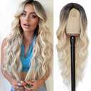 NAYOO Long Platinum Blonde Wavy Wig for Women 26 Inch Middle Part Curly Wavy Wig Natural Looking Synthetic Heat Resistant Fiber for Daily (Platinum Blonde)