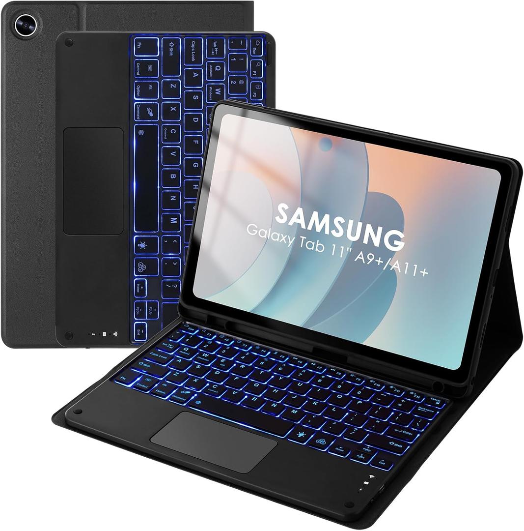 LAMA 7 Colors Backlit Keyboard Case with Touchpad for 11 Inch Tab A9 Plus 2023/ Tab A11 Plus 2025, Slim Stand Cover, Smart Trackpad, Detachable Keyboard with Case, S Pen Holder, Black