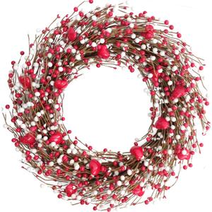 24 Inch Valentines Day Red and White Berries Wreath for Front Door, Heart Shape Shiny Berries Wreath for Home Decor, Wedding Red and White Wreaths for Indoor and Outdoor