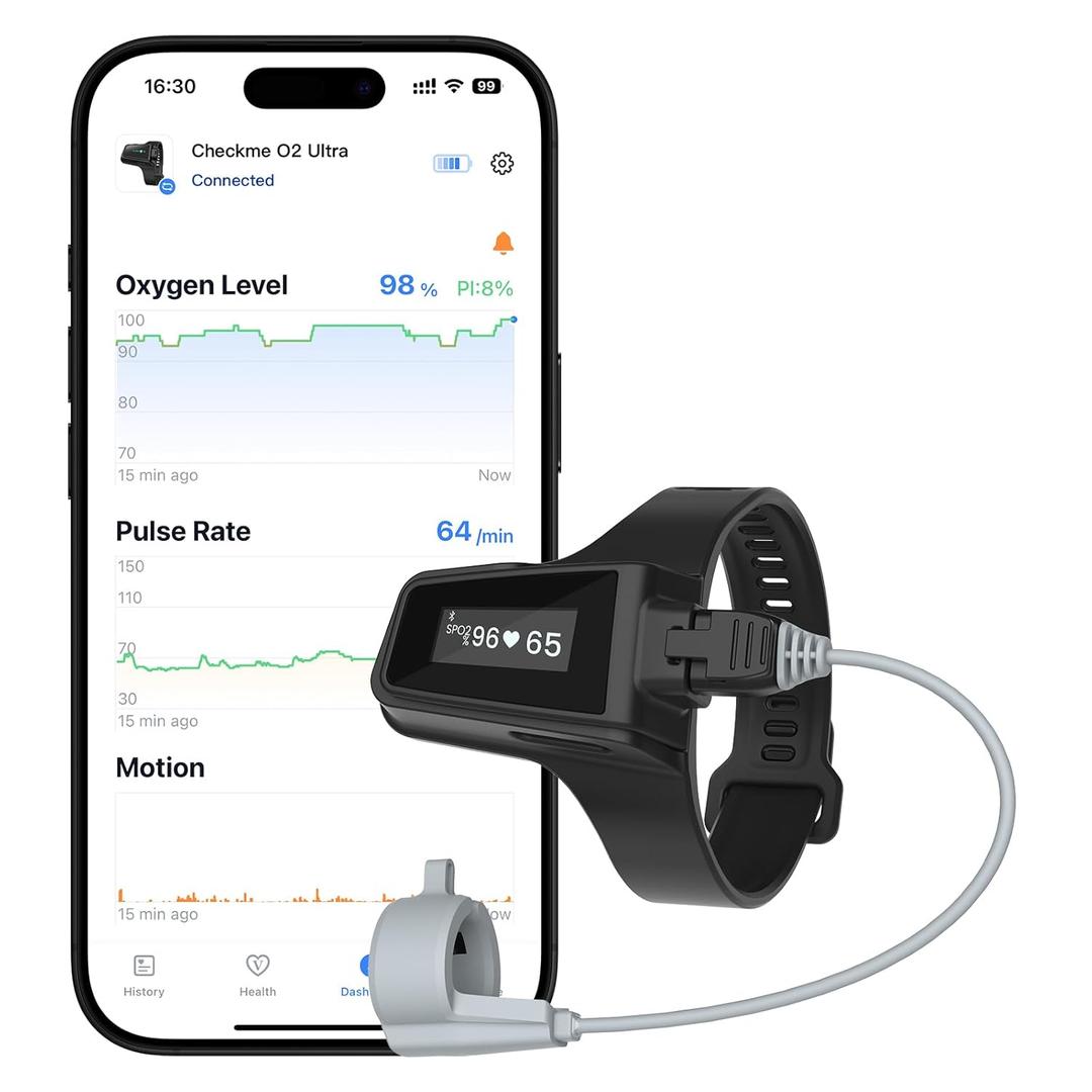 Wellue Wrist Pulse Oximeter| 100-Hour Endurance Blood Oxygen Monitor with Audible Reminder, Rechargeble Checkme O2 Ultra for Tracking SpO2 and Pulse Rate, Comes with Free PC Software & APP