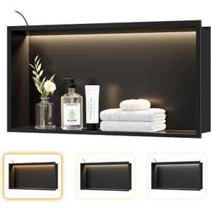 Matte Black LED Shower Niche,24"X12" Bathroom Wall Niche,with 3-Color COB LED Strip Light Stainless Steel Recessed Wall Cabinet,Waterproof No Tile Need for Shower Storage, 24x12in