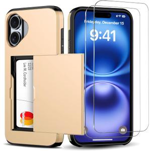 for iPhone 16 Wallet Case with Card Holder + 2 Tempered Glass Screen Protector Protective Dual Layer Shockproof Hidden Card Slot Slim Case Women Men iPhone 16 6.1 inch 2024 (Gold)