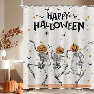 Funny Halloween Skeleton Shower Curtain Fun Skull Beige Pumpkin Holiday Bathtub Curtain Decor