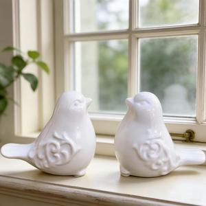 2PCS Ceramic Bird Figurines Decorative Bird Ornaments Statue for Home Garden Decor (White)