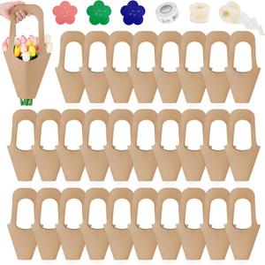 25 Pcs Kraft Paper Flowers Gift Bags with Handle, Bouquet Bags Hanging with Ribbon Sticker Rose Thorn Remover, Cone Floral Wrapping Paper Bag for Wedding Graduation Party Florist (Kraft Paper)
