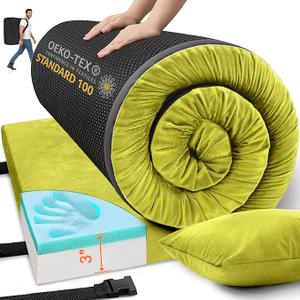 Memory Foam Camping Mattress Sleeping Pad, 3" Thick Waterproof Portable Roll Up Sleeping Mats & Floor Mattress Pad with Pillow + Travel Bag for Camping Car Truck SUV Tent Sleepover Kids Adult (Cot: 72*24*3", Grey)