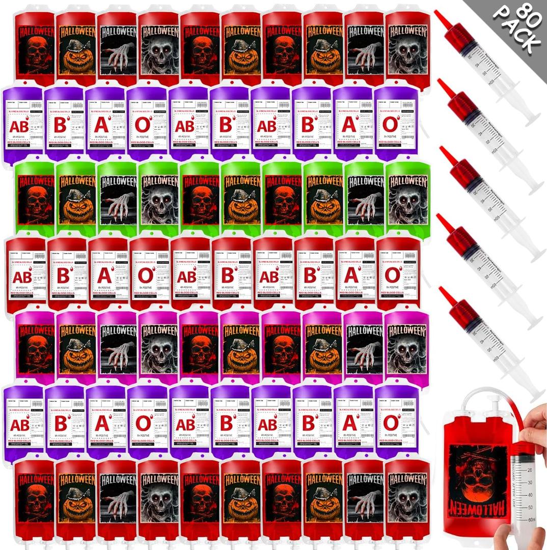 Garma 80 Packs Halloween Blood Bags for Drinks, 8 Design IV Bag Reusable Drink Pouches Containers with Syringes and Clips Pouch Prop for Vampire Zombie Hospital Theme Party Supplies