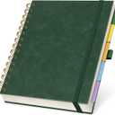 Hardcover Leather Lined Spiral Notebook 8x10" with Removable Dividers - Green - 300 Pages 5 Subject College Ruled Notebook for Work with Tabs, Pockets, and Pen Loop for Note Taking, Large Journal