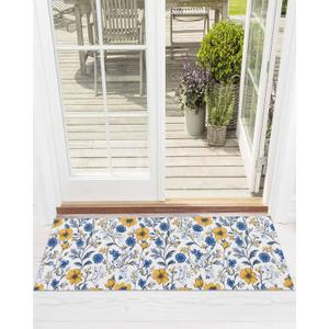 Runner Rug, Abstract Flower Blue Yellow Kitchen Rugs Non-Slip Washable Doormat Low Profile Hallway Runner for Bathroom Entryway Indoor Outdoor 18x47 Inch Spring Summer Leaf White