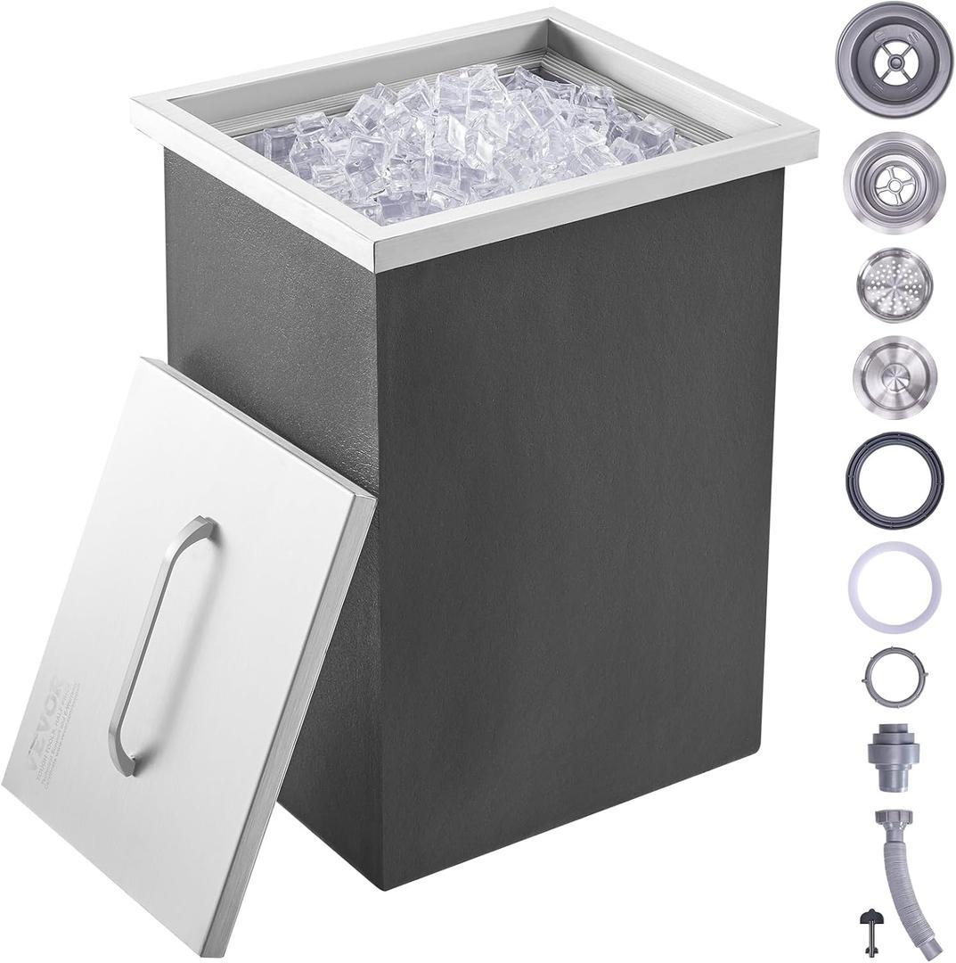 VEVOR Drop in Ice Chest, 14" L x 12" W x 18" H Stainless Steel Ice Cooler, Commercial Ice Bin with Cover, 40 qt Outdoor Kitchen Ice Bar, Drain-Pipe and Drain Plug Included, for Cold Wine Beer