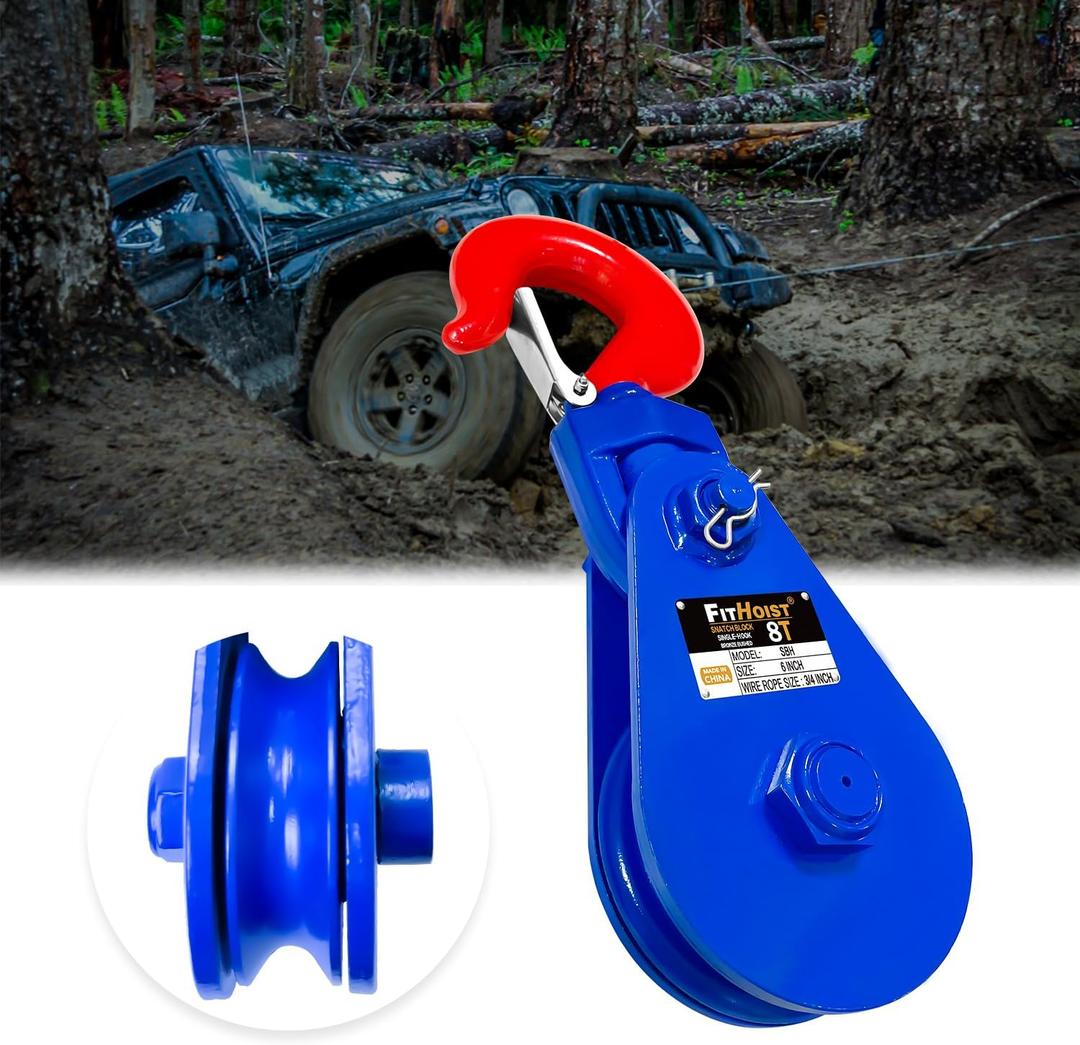 8Tons Snatch Block with Hook | 6'' Sheave for 3/4" Inch Wire Rope | High Strength Snatch Blocks17600Lbs for Towing and Recovery Applications | Tow Truck Rollback Wrecker Car Hauler Winch