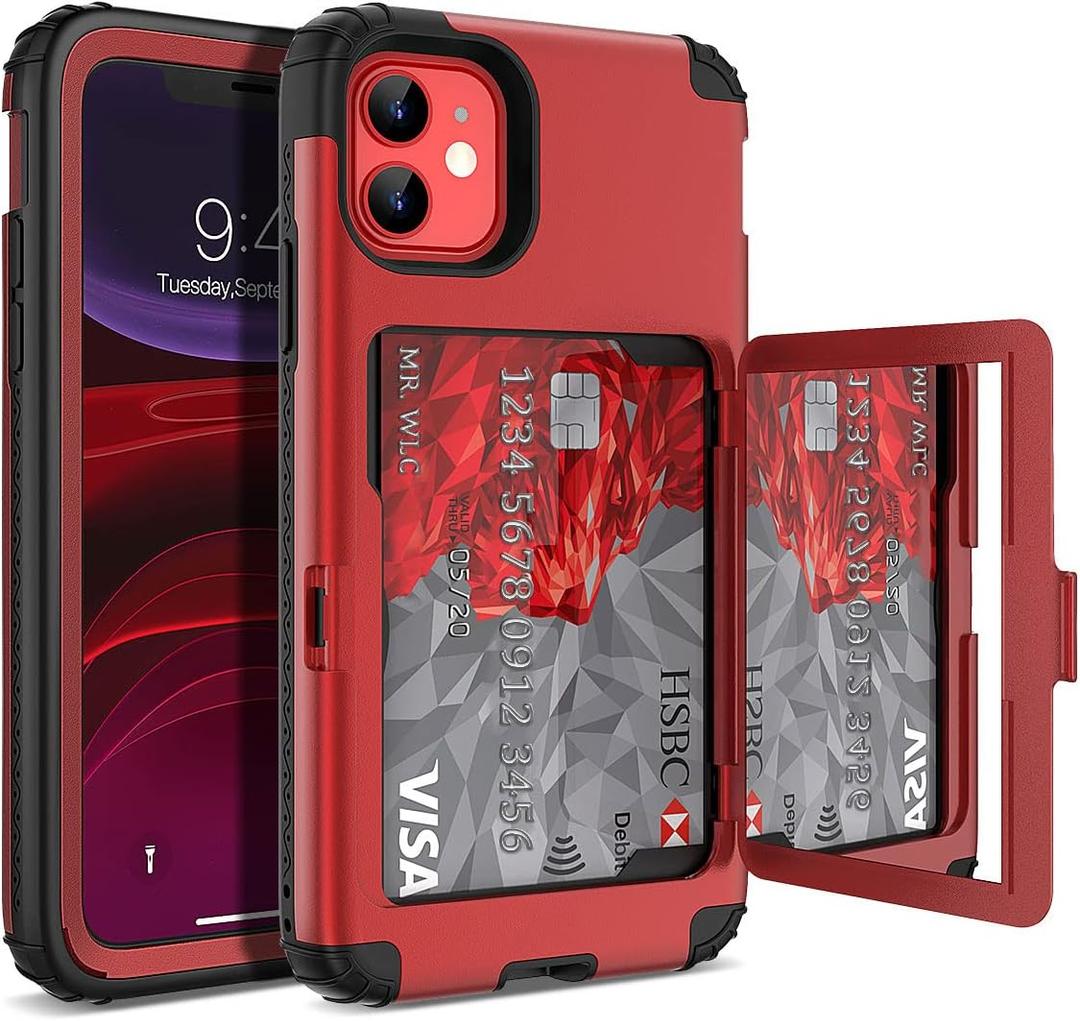 iPhone 11 Wallet Case for Women, Men - WeLoveCase Defender Credit Card Holder Cover with Hidden Mirror Three Layer Shockproof Heavy Duty Protection All-Round Armor Protective Case for iPhone 11 Red