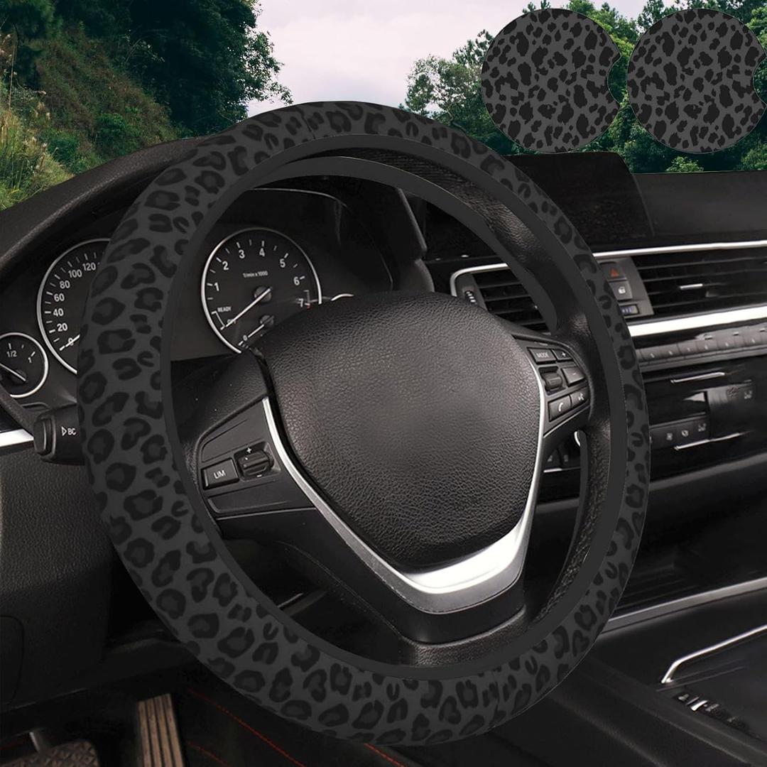 KARREAL Black Leopard Print Steering Wheel Cover & 2 Pcs Car Coasters, Neoprene Rubber Material, Car Accessories Decorations for Women Men, Fit 14.5-15 Inch Auto, Suvs, Truck