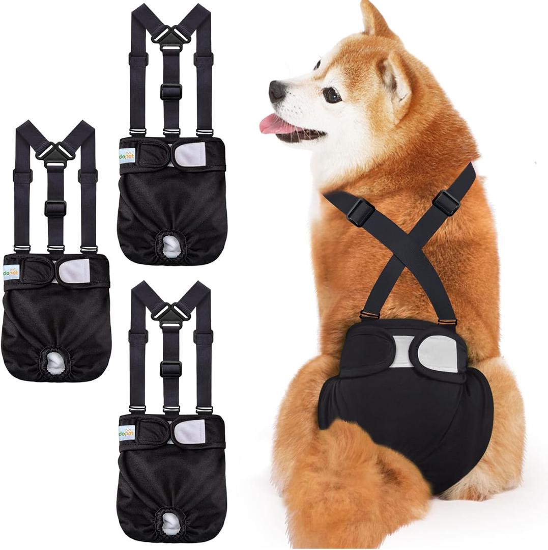 Idepet Female Dog Diapers with Suspender Detachable, 3 Pack Washable Reusable Girl Doggie Diapers for Small Medium Female Dog in Heat Period Cycle Urinary Incontinence Training M