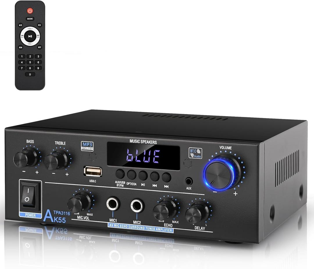 Romica AK55 Stereo Audio Amplifier, 2 Channel 500W Bluetooth 5.0 Home Theater Power Amplifier with FM, Echo, AUX, USB, SD, MIC, Optical & Coaxial Inputs, AMP for Passive Speakers and Active subwoofer