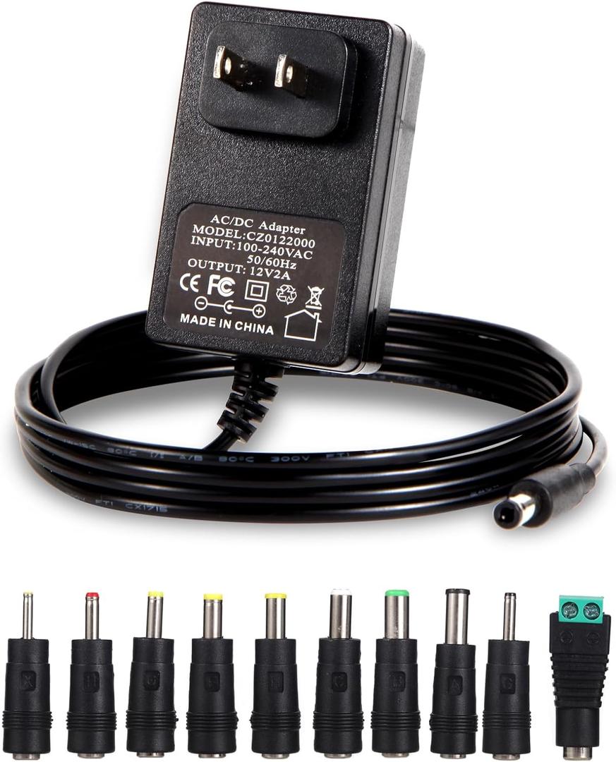 12V 2A Power Adapter Charger AC 12V Regulated Power Supply DC in 12 Volts 2000mA Power Cord with 10 Interchangeable DC Plug for LED Strip Light, CCTV Camera, GPS, Webcam, Router, BT Speaker