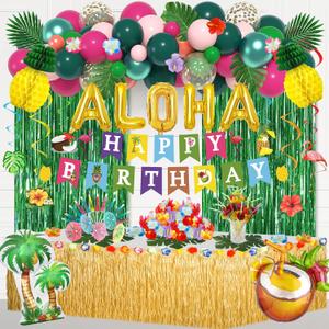 Hawaiian Luau Party Decorations, Tropical Aloha Summer Beach Party Supplies Birthday Banner Table Skirt Foil Balloon Arch Honeycomb Fringe Curtain Hanging Swirl Palm Leaves Hibiscus Straws Cake Topper