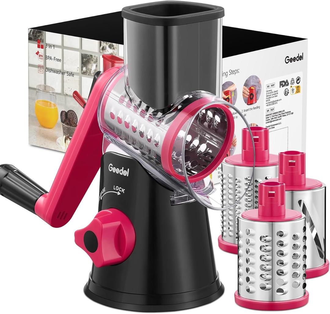 Geedel Rotary Cheese Grater, Kitchen Mandoline Vegetable Slicer with 3 Interchangeable Blades, Easy to Clean Rotary Grater Slicer for Fruit, Vegetables, Nuts (Rosy)