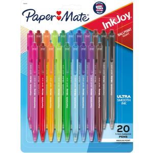 Paper Mate InkJoy 100RT Retractable Ballpoint Pens, Medium Point (1.0mm), Assorted Colors, 20 Count - Teacher Essentials, Colorful Office Supplies, Note-Taking, Back to School