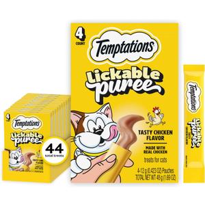 Temptations Creamy Puree Squeezable Lickable Cat Treats, Wet Cat Treats with Chicken, 0.42 oz. Tubes, 4 Count, Pack of 11 (44 Total) (EXP 12/12/27)