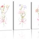 AUUAUU 3-Piece Framed Watercolor Floral Wall Art Canvas Print Set, 12x16 Inch Botanical Aesthetic Wall Decor Pastel Pink Ribbon Flower Posters & Prints for Girls Bedroom Nursery Living Room Kitchen