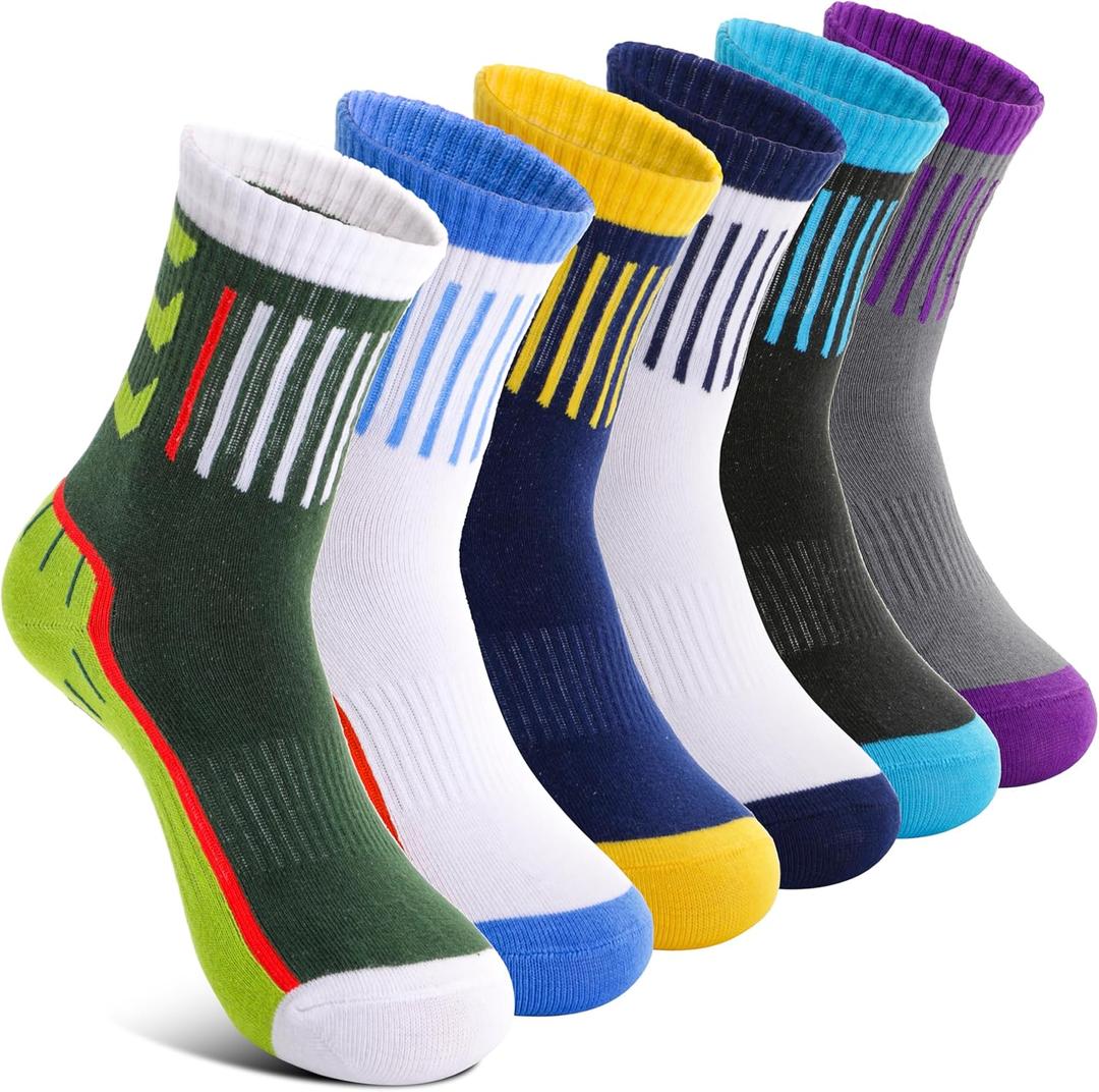 6 Pairs Kids Boys Girls Socks Athletic Basketball Youth Sport Crew Cotton Breathable Soft Socks (5-8 Years, Color Block Stripes)
