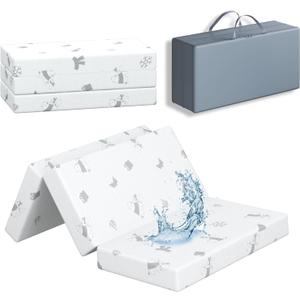 3" Trifold 26"x38" Trifold Mattress Topper, Waterproof Breathable Soft Removable Cover, Portable Mattress Pad with Carry Bag for Indoor & Outdoor Use, High Density Medium Firm Foam