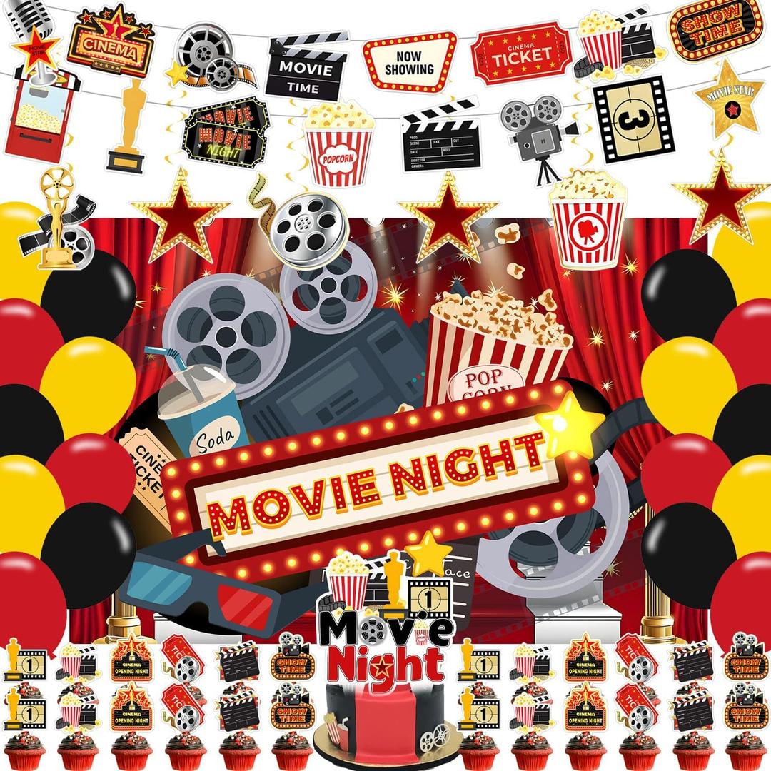 Movie Night Party Decorations, Movie Night Party Supplies Balloons Backdrop Swirls Banner Cake Toppers etc Movie Theater Decorations