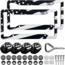 Black American Flag License Plate Frames - 2 Pack Patriotic Aluminum Metal Matte Gloss Stars Stripe US Flag Car Tag Plate Frame Holder Covers with 4 Fluttering Flag Car Valve Caps and Screws