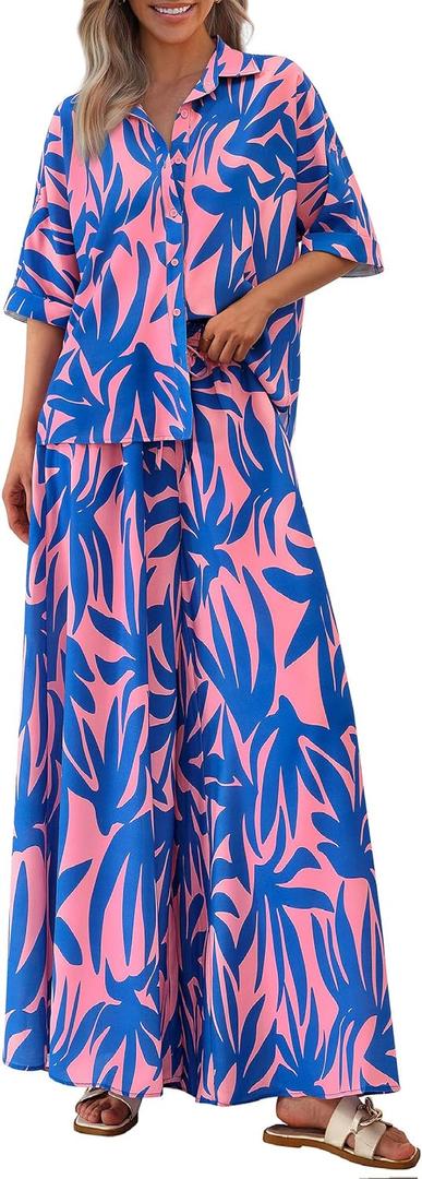 PRETTYGARDEN Women's 2 Piece Beach Vacation Outfit 2025 Casual Summer Floral Button Down Shirt Wide Leg Pants Matching Sets (Floral Pink Blue, Large)