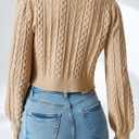 Saodimallsu Womens Cropped Cable Knit Cardigan Sweaters Long Sleeve Bow Tie Front Crew Neck Chunky Sweater Tops (Beige, S)
