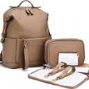 Diaper Bag Backpack Leather Backpack for Women Travel Dad Mother Outdoor Backpack with Changing Pad Stroller Straps(2 pieces) Khaki