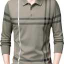 Mens Casual Striped Cotton Long Sleeve Collared T Shirt Polo Shirts, M