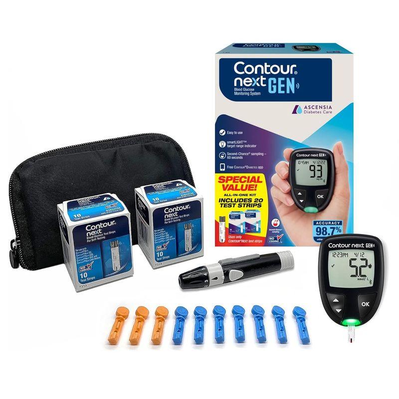 Ascensia CONTOUR NEXT GEN Blood Glucose Monitor All-In-One Kit with 20 Test Strips, Accurate Blood Sugar Monitor, Easy-to-Use Glucose Meter, Portable and Reliable Diabetes Testing Kit, EXP:08/31/27, 06/30/27