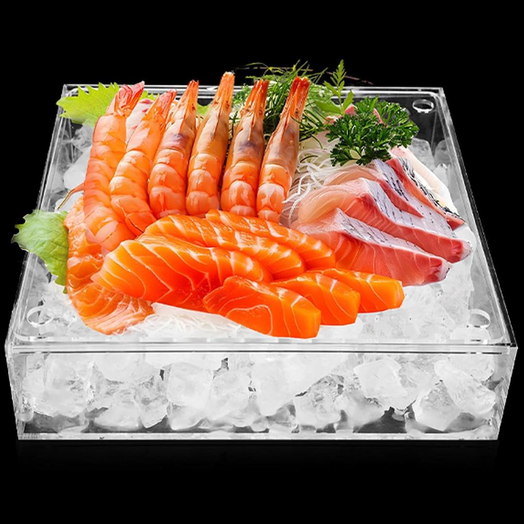 Ice Chilled Serving Tray with Ice Underneath, Acrylic Cold Food Buffet Server Platter for Party, Ice Serving Tray for Veggie, Cheese, Charcuterie, Shrimp Cocktail Serving Dish, Keep Food Cold