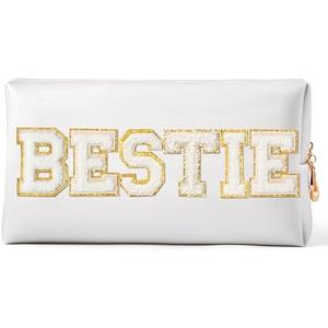 CY2SIDE White BESITE Letter Patch Makeup Bag Gifts for Girls PU Leather Patch Cosmetic Bag with BESITE Chenille Letter for Travel Waterproof Portable Zipper Big Organizer for Friendship Gift , Pack of 2