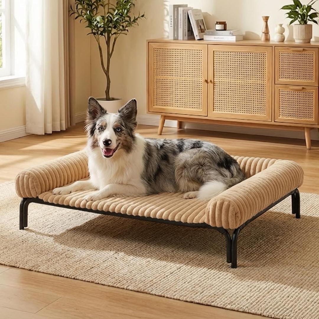 Elevated Dog Bed with Removable Fluffy Pillow Cushion, Raised Pet Cot Washable Bolster, Dog Couch Sofa, Anti Slip Feet, Breathable Mesh, Khaki, 43"32"